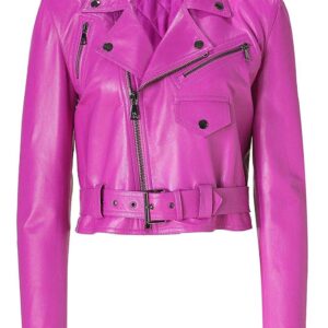 Jessica Alba hot pink cropped biker leather jacket with zip detail