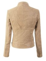 Back of soft khaki suede texture and silver zip fastening on biker jacket