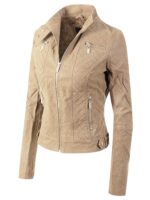 Side profile of women's khaki suede jacket highlighting tailored moto fit