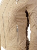 Close-up of soft khaki suede texture and silver zip fastening on biker jacket