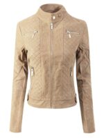 Front view of women's khaki suede zip up moto biker jacket with zipper details