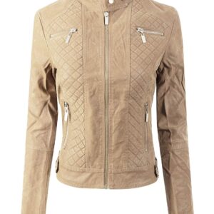 Front view of women's khaki suede zip up moto biker jacket with zipper details