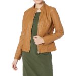 Women's Long Sleeve Brown Zipper Moto Bomber Jacket