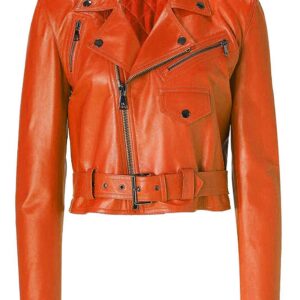 Women's Orange Cropped Biker Leather Jacket