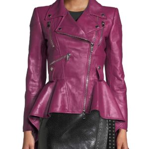 Front view of women's purple peplum biker leather jacket with zip closure and lapel collar