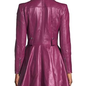 Back of peplum waist detail on women's purple biker leather jacket