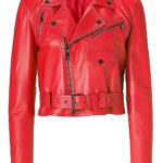 Front view of women's red cropped biker leather jacket with zipper accents