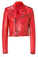 Front view of women's red cropped biker leather jacket with zipper accents