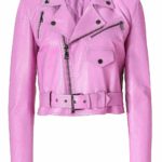 women's soft pink cropped biker leather jacket with zipper design