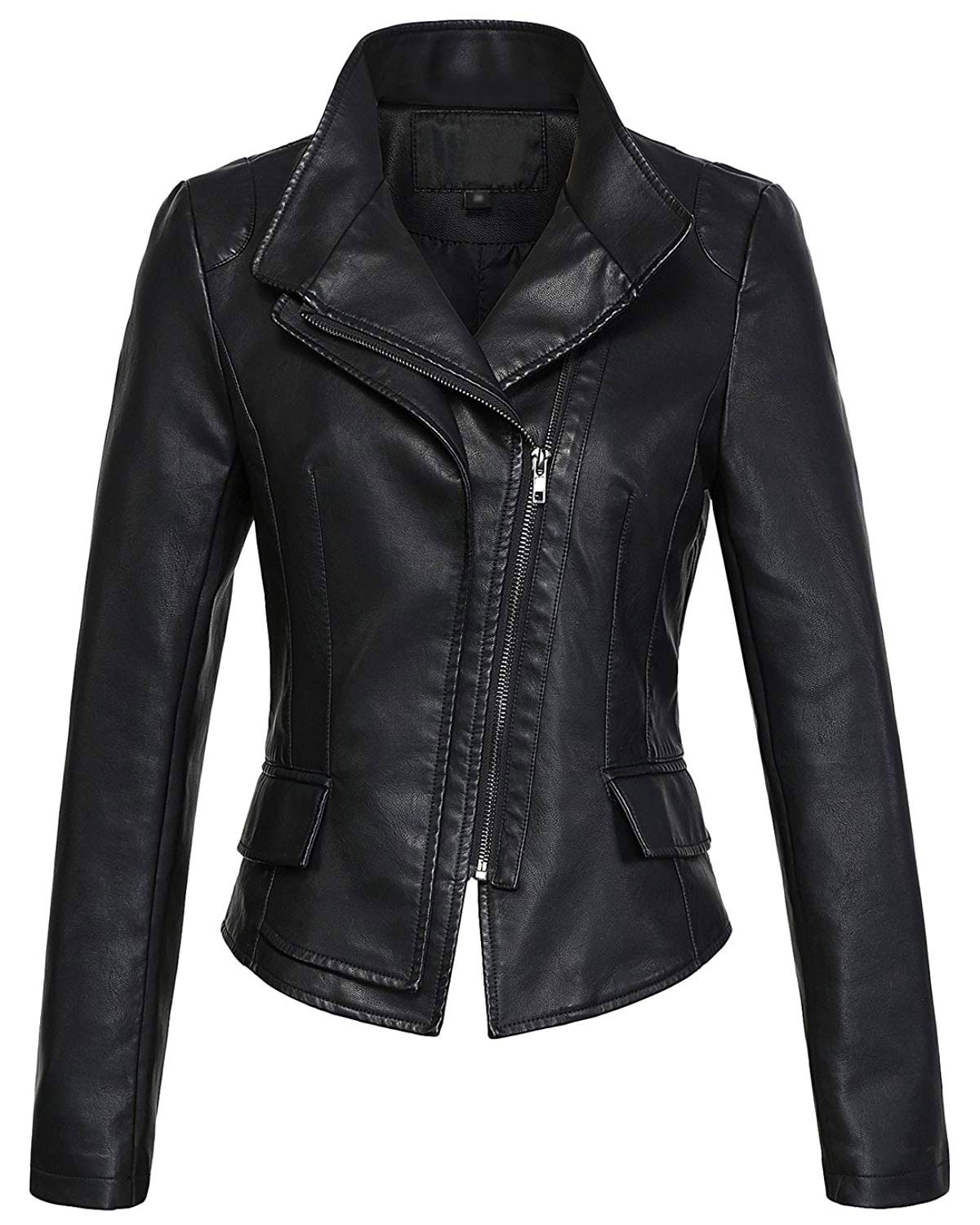 women's stylish black oblique biker jacket with zipper design women's stylish black oblique biker jacket with zipper design