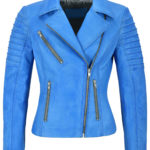 blue women's stylish biker leather jacket with zipper accents