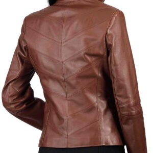 Back of women’s brown biker jacket showing slim-fit cut and curved seams