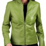 Front view of women's stylish green biker jacket with asymmetrical zip and lapels