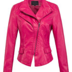 women's hot pink oblique biker jacket with diagonal zipper design