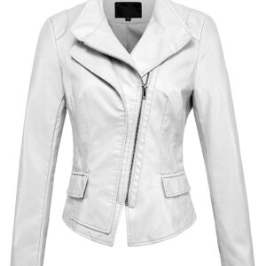 Front view of women's white oblique biker jacket with asymmetric zipper style