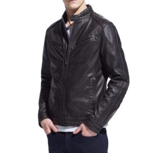 Front view of Gatz black leather biker jacket with asymmetrical zipper and bold shoulders