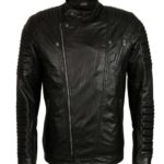Front view of Hunter black leather biker jacket with rugged finish and zipper details