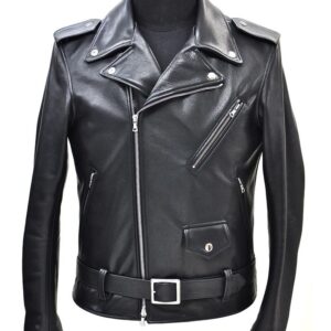 Front view of Allan black leather biker jacket with minimalist zip closure and sleek collar