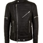Front view of Brando black leather biker jacket with asymmetrical zip and wide lapels