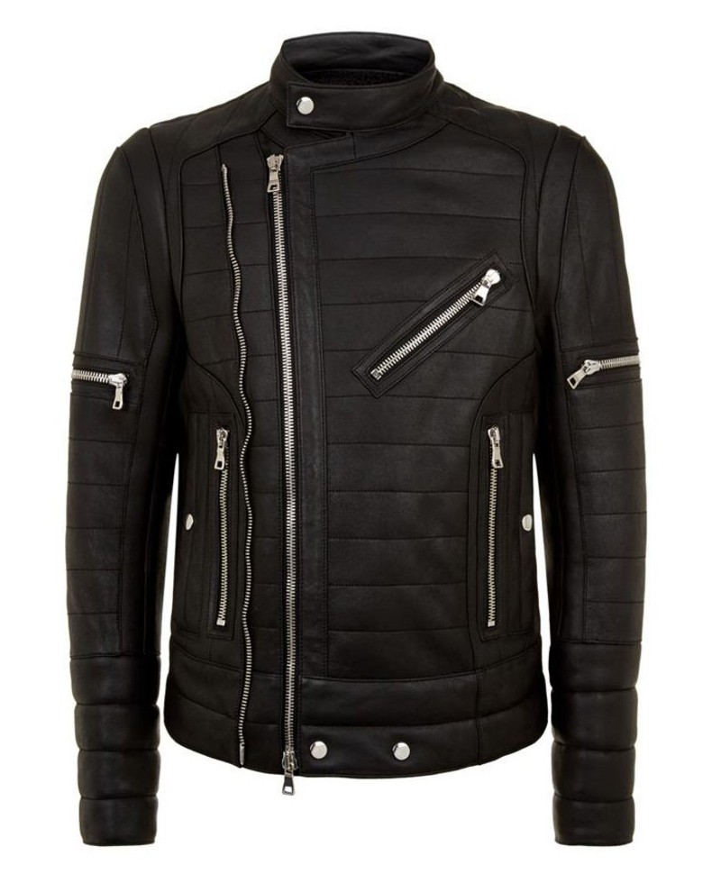 Front view of Brando black leather biker jacket with asymmetrical zip and wide lapels Front view of Brando black leather biker jacket with asymmetrical zip and wide lapels