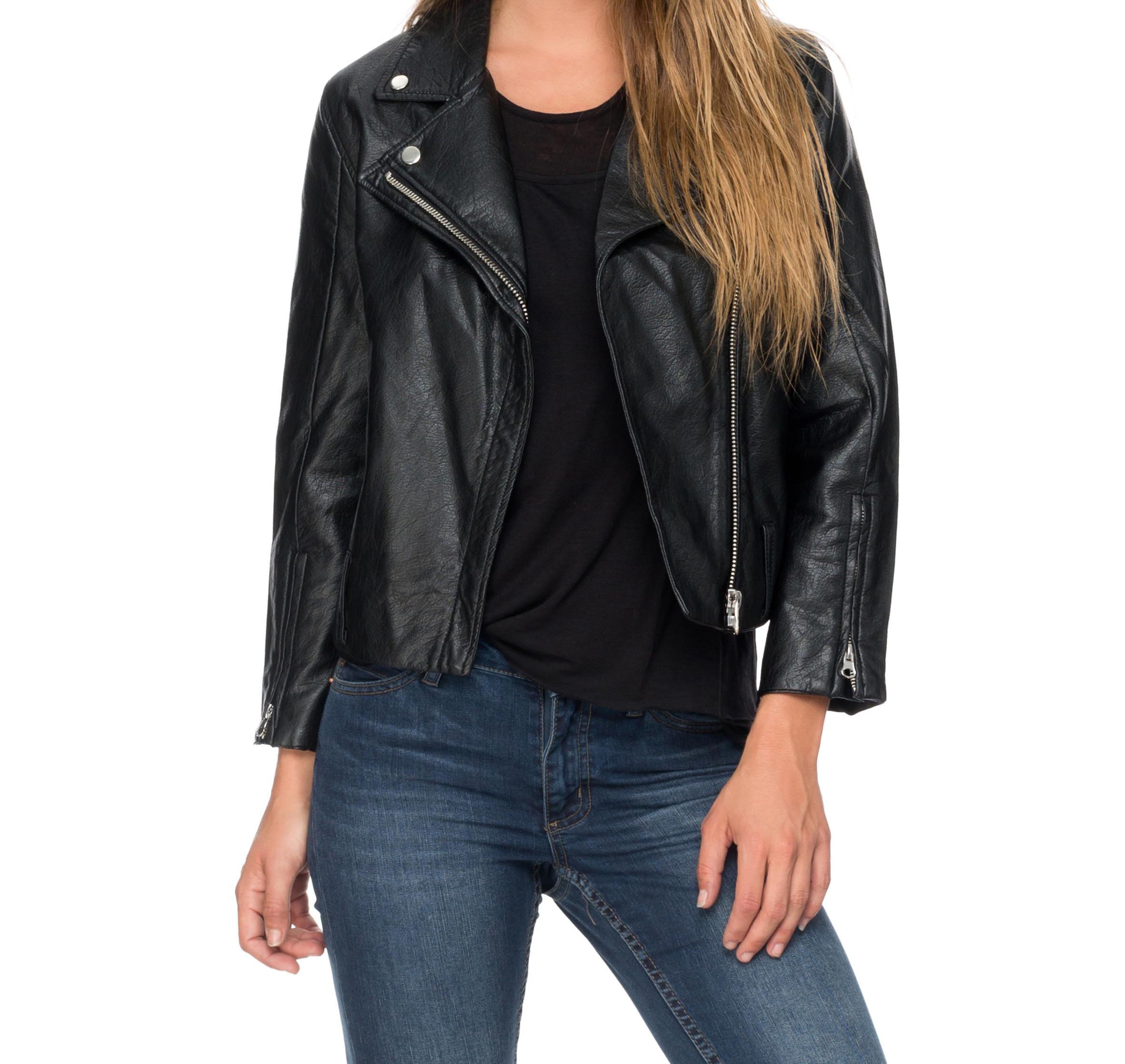 Front view of Alia black leather biker jacket with sleek lapels and silver hardware Front view of Alia black leather biker jacket with sleek lapels and silver hardware