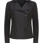 Front view of Ashlee black leather biker jacket with asymmetrical zipper and silver accents