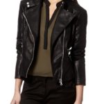 Front view of Aster black leather biker jacket with angled zipper and fitted design