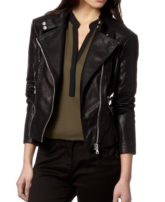 Front view of Aster black leather biker jacket with angled zipper and fitted design Front view of Aster black leather biker jacket with angled zipper and fitted design