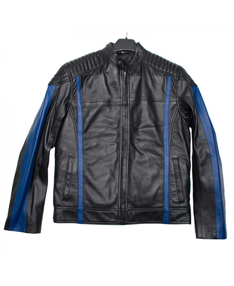 Front view of Astro black leather biker jacket featuring futuristic design lines Front view of Astro black leather biker jacket featuring futuristic design lines