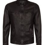 Front view of Bikerson black leather jacket with rugged biker detailing and zippers