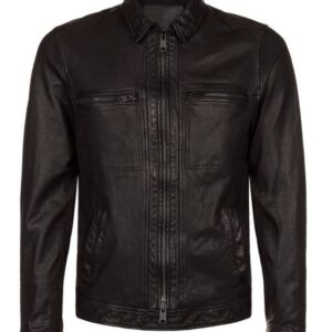 Front view of Bikerson black leather jacket with rugged biker detailing and zippers