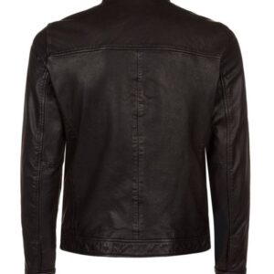 Back of Bikerson black leather biker jacket showing tailored fit and padded shoulders