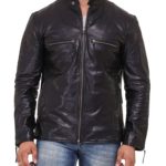 Front view of Blinblineo black leather jacket with glossy finish and bold cut
