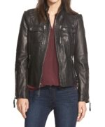 Front view of Brandi black leather biker jacket with asymmetric zip and lapel collar