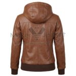 ack view of Brown Hooded Bomber Leather Jacket featuring a large hood, vertical seams, and dark brown ribbed knit cuffs and hem.