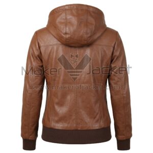 ack view of Brown Hooded Bomber Leather Jacket featuring a large hood, vertical seams, and dark brown ribbed knit cuffs and hem.