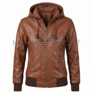 Front view of Brown Hooded Bomber Leather Jacket featuring a built-in hood with drawstrings, a front zipper, and dark brown ribbed knit cuffs and hem.