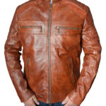 Front view of cafe racer biker waxed distressed brown leather jacket with zipper details
