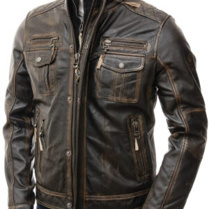 men's classic retro vintage Brown Distressed faded cafe racer motor cycle leather jacket