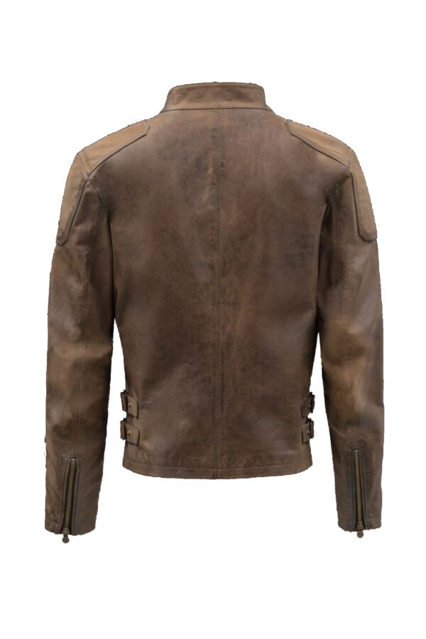 Back of Captain America biker jacket highlighting fitted cut and hero-inspired look