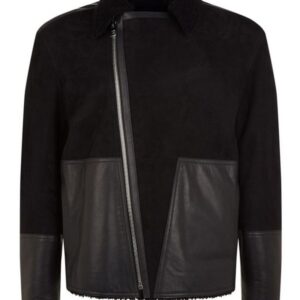 Front view of Cartier black fur leather jacket showcasing plush fur collar and smooth leather