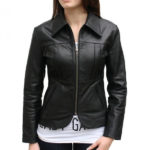 Front view of Damsel Onyx leather jacket with tailored fit and sleek black finish