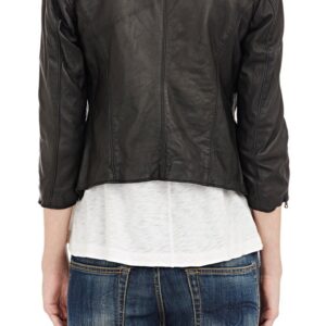 Back of matte black leather texture on Dimi biker jacket with stitching detail