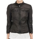 Model styling Dimi leather jacket with ripped jeans