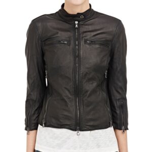 Model styling Dimi leather jacket with ripped jeans