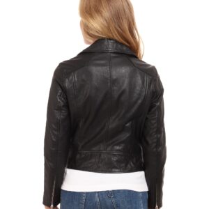 Back of Electra black leather biker jacket with metal zippers and bold shoulders
