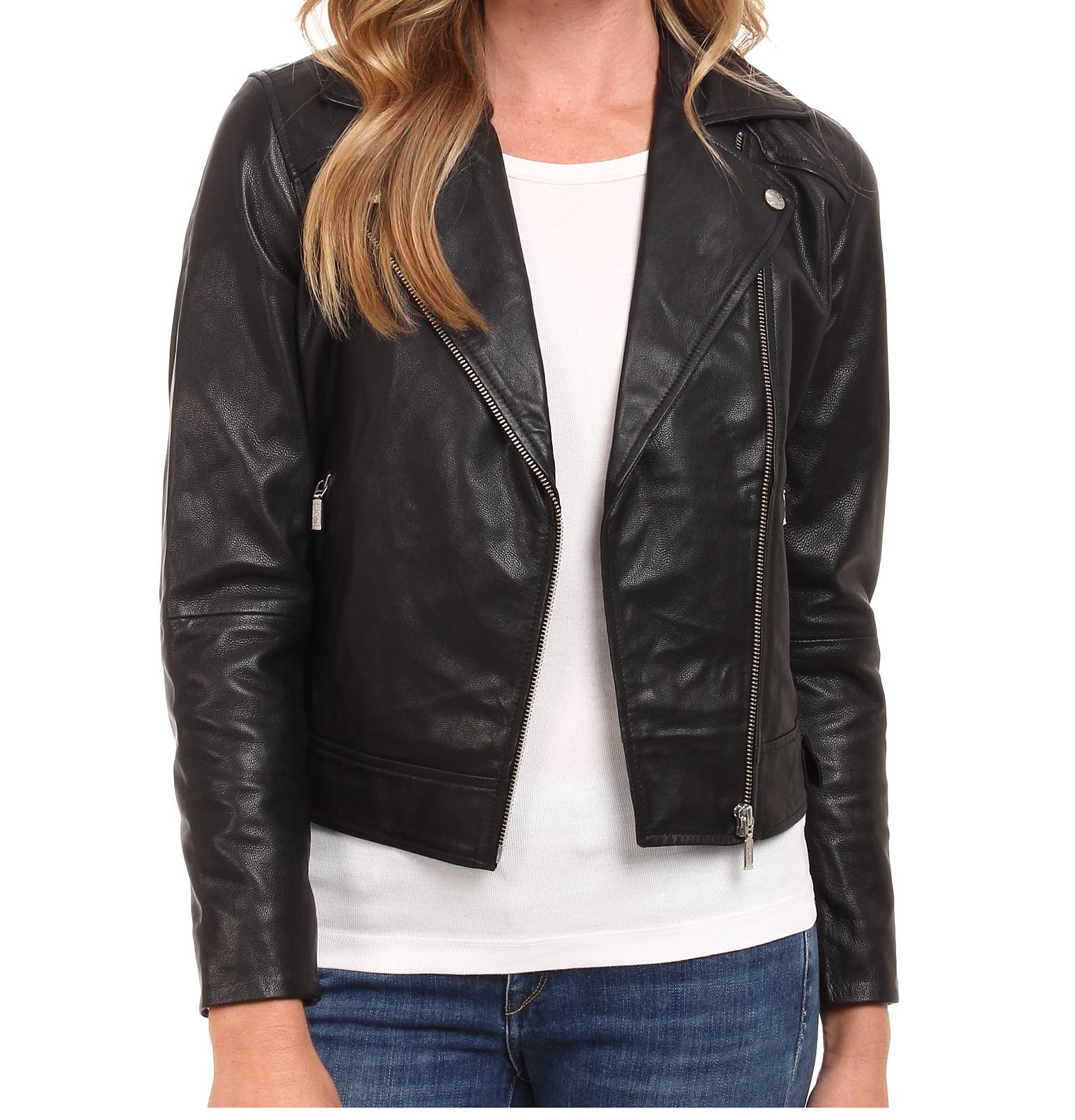 Front view of Electra black leather biker jacket with metal zippers and bold shoulders Front view of Electra black leather biker jacket with metal zippers and bold shoulders