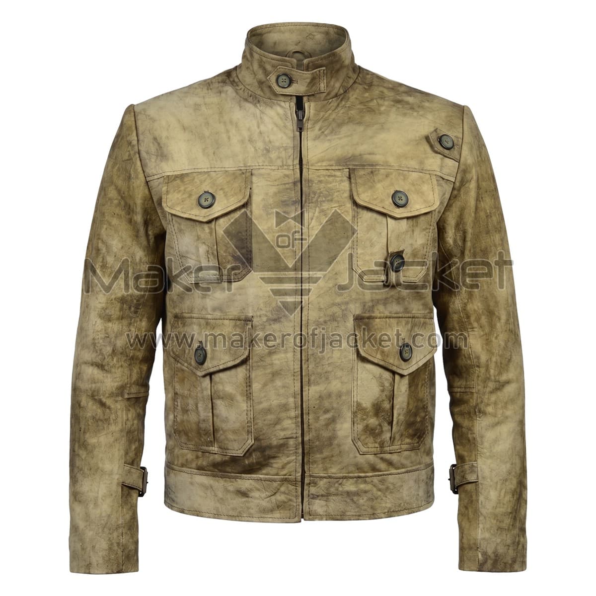 Expendables 2 Lee Christmas Leather Jacket Front Front view of Expendables 2 Jason Statham Lee Christmas Leather Jacket featuring four front flap pockets, a band collar with a button tab, and a full-front zipper with Maker Of Jacket label