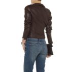 Back of Flora women’s biker jacket showing contoured fit and zipped sleeves