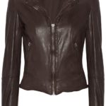 Front view of Flora brown leather biker jacket with asymmetric zipper and collar